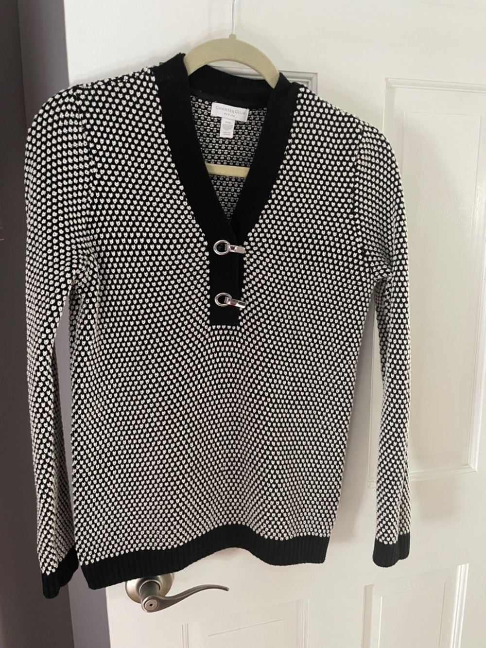 Charter Club Black & White Patterned V-Neck Sweater with Toggle Accents